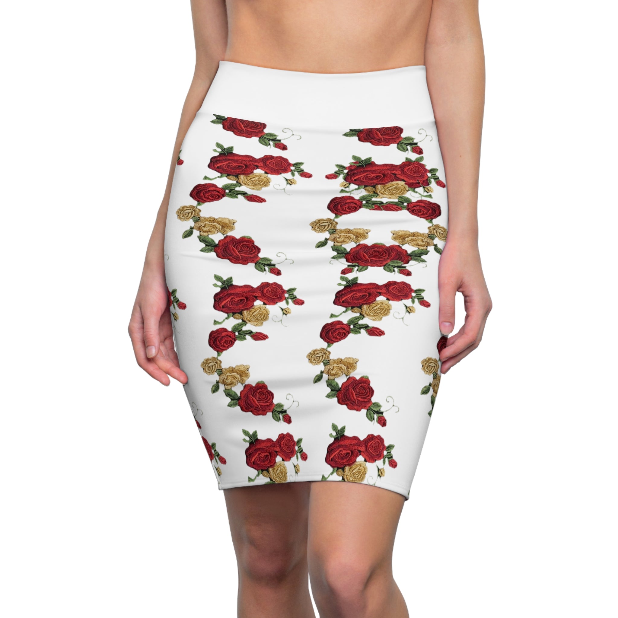 Floral Rose Pencil Skirt – Red & Gold Rose Print