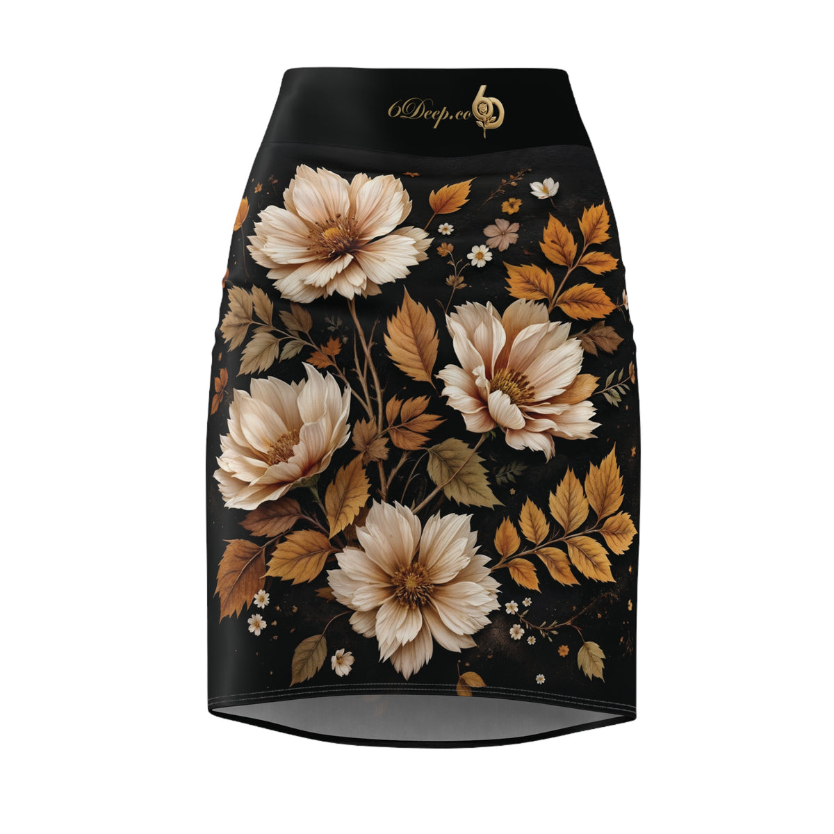 Floral Pencil Skirt — Vintage Cream & Amber Bouquet on Black
