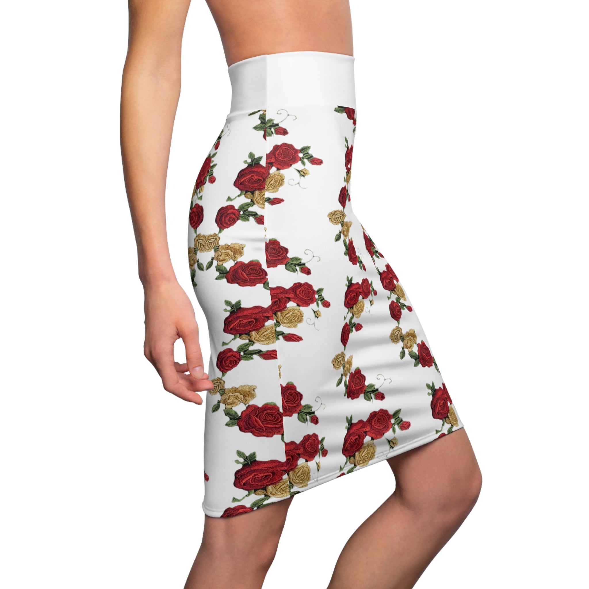 Floral Rose Pencil Skirt – Red & Gold Rose Print