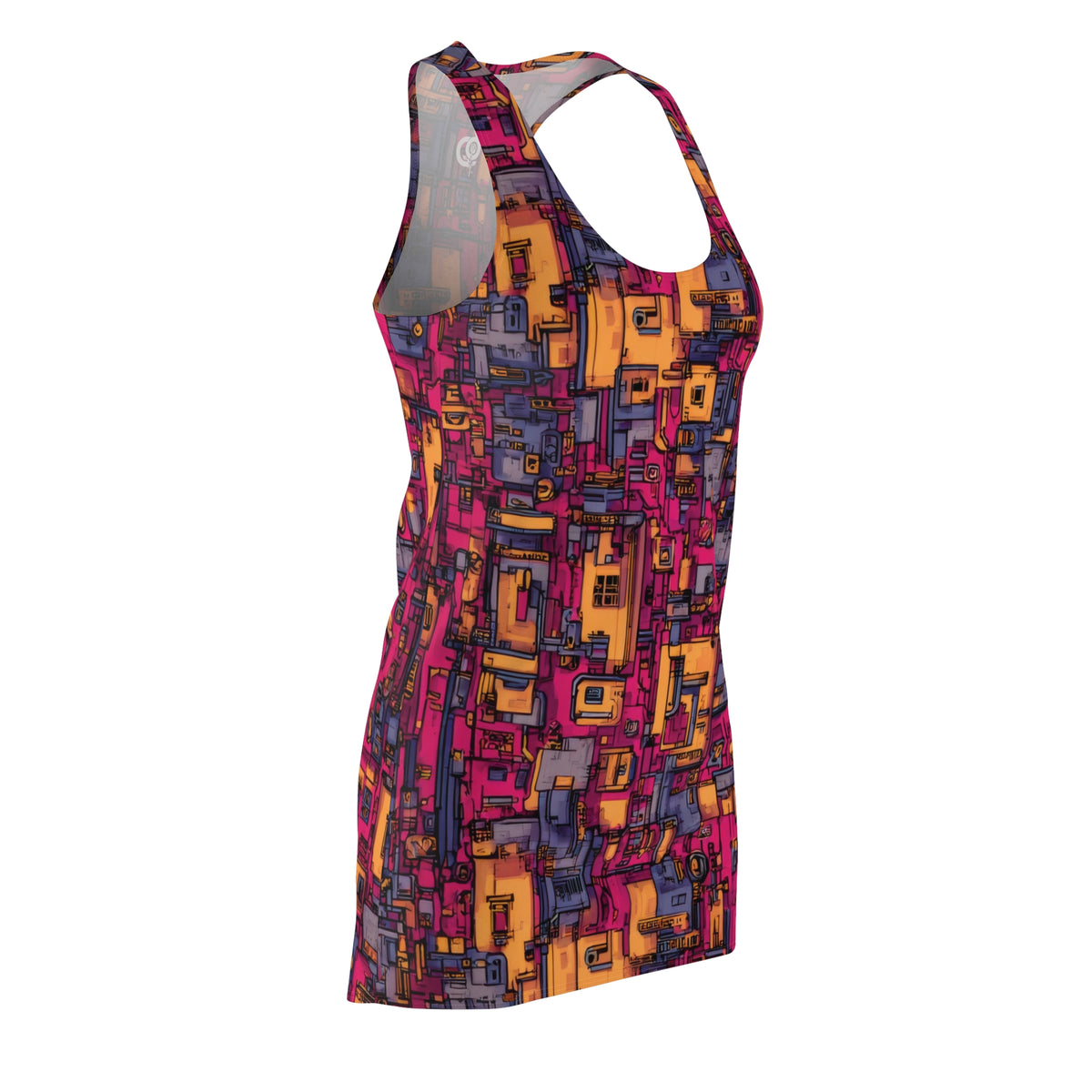 Abstract Geometric Racerback Dress — Vibrant Pink & Gold (Shop the Look) "Slides sold separately"