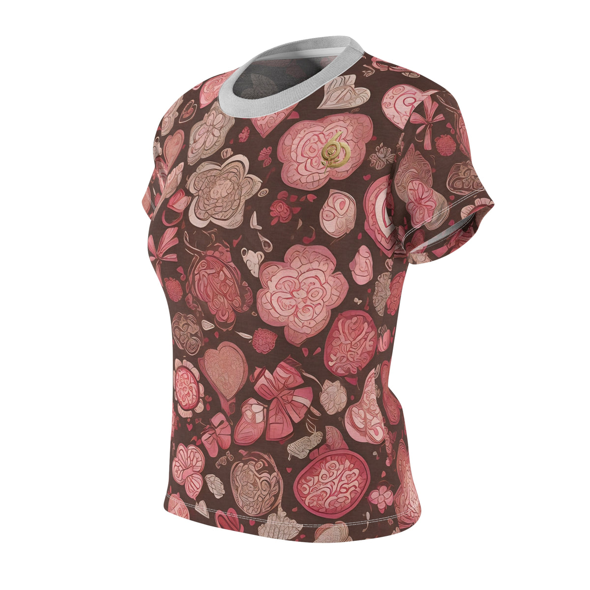 Floral Heart Pattern Women's Tee Pink Brown