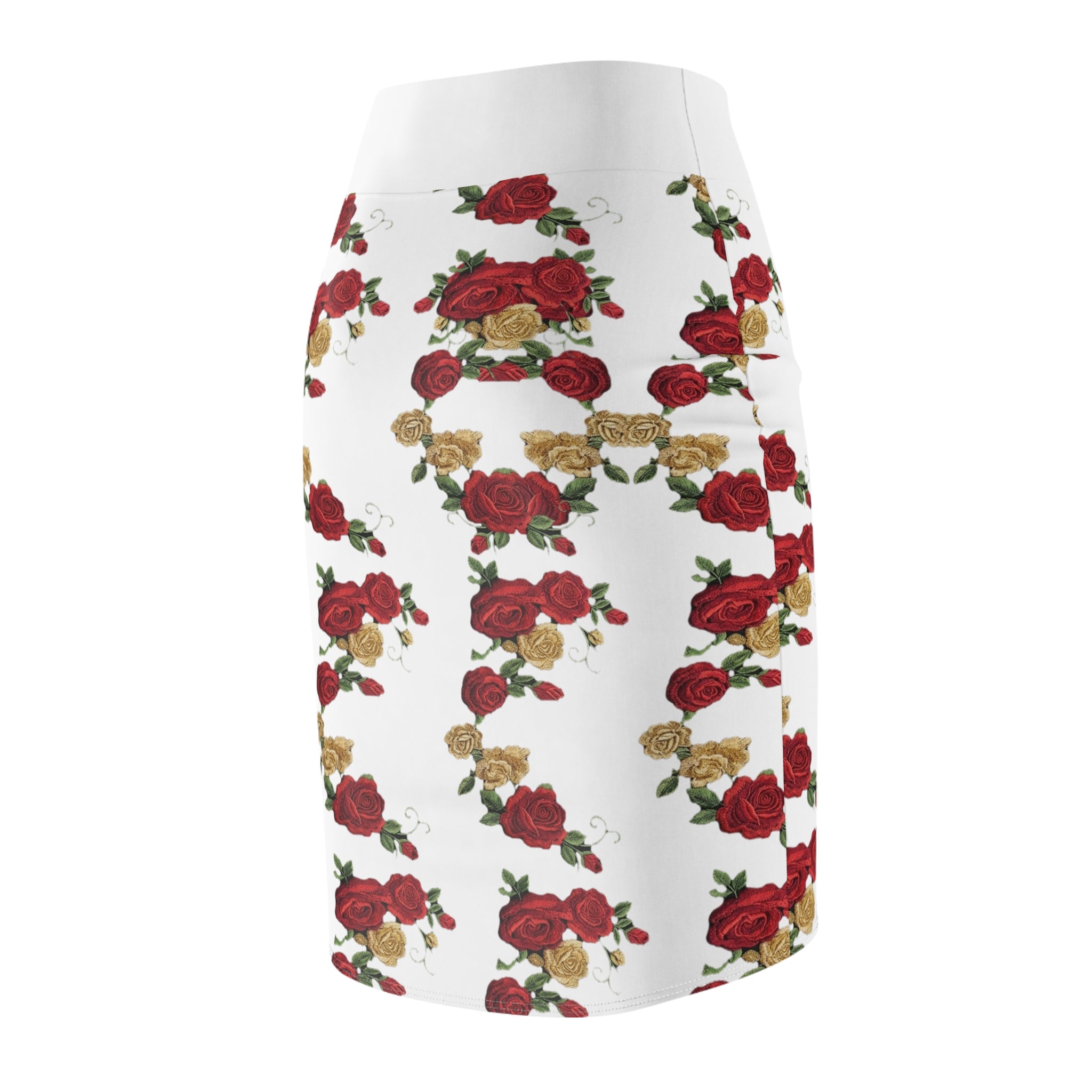 Floral Rose Pencil Skirt – Red & Gold Rose Print