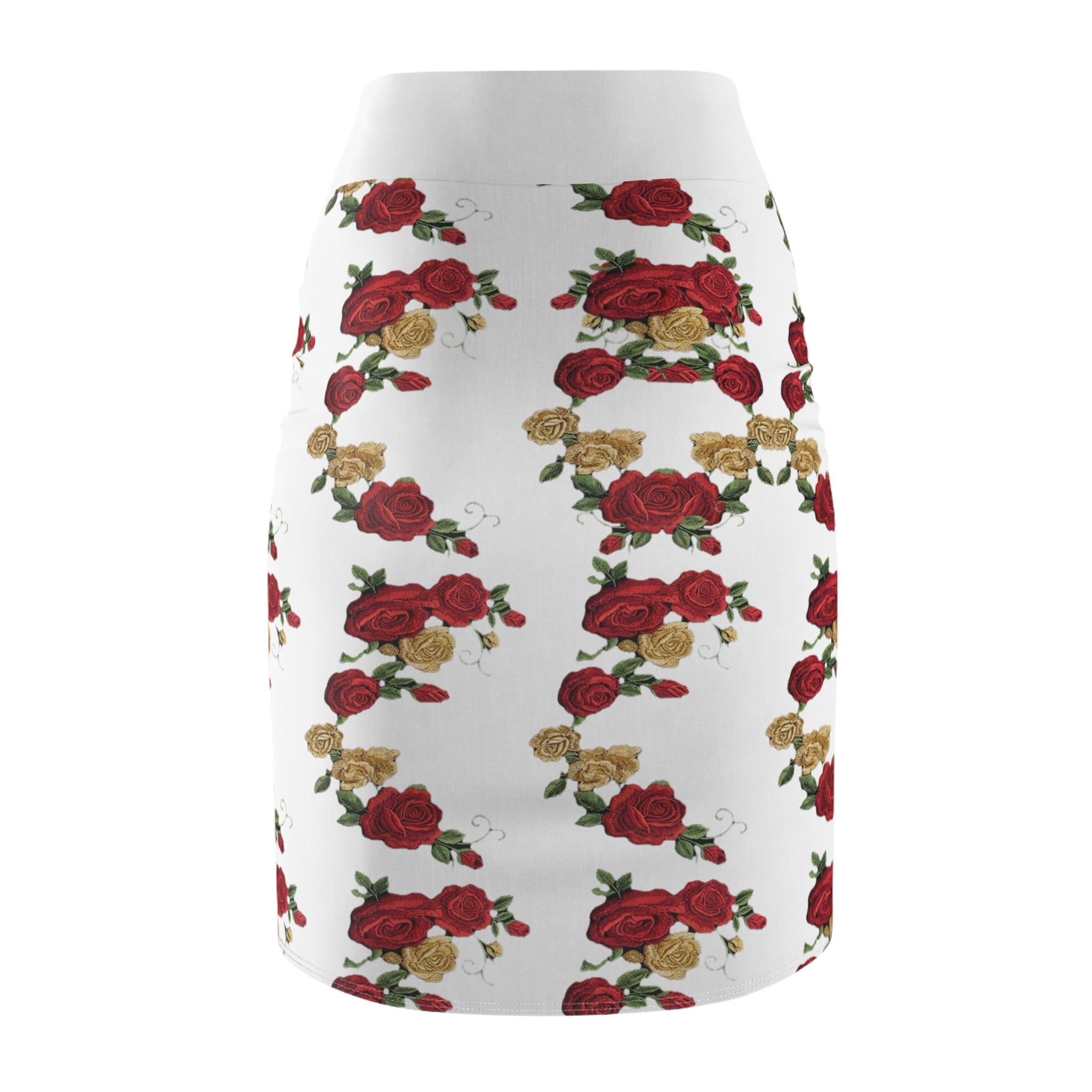 Floral Rose Pencil Skirt – Red & Gold Rose Print