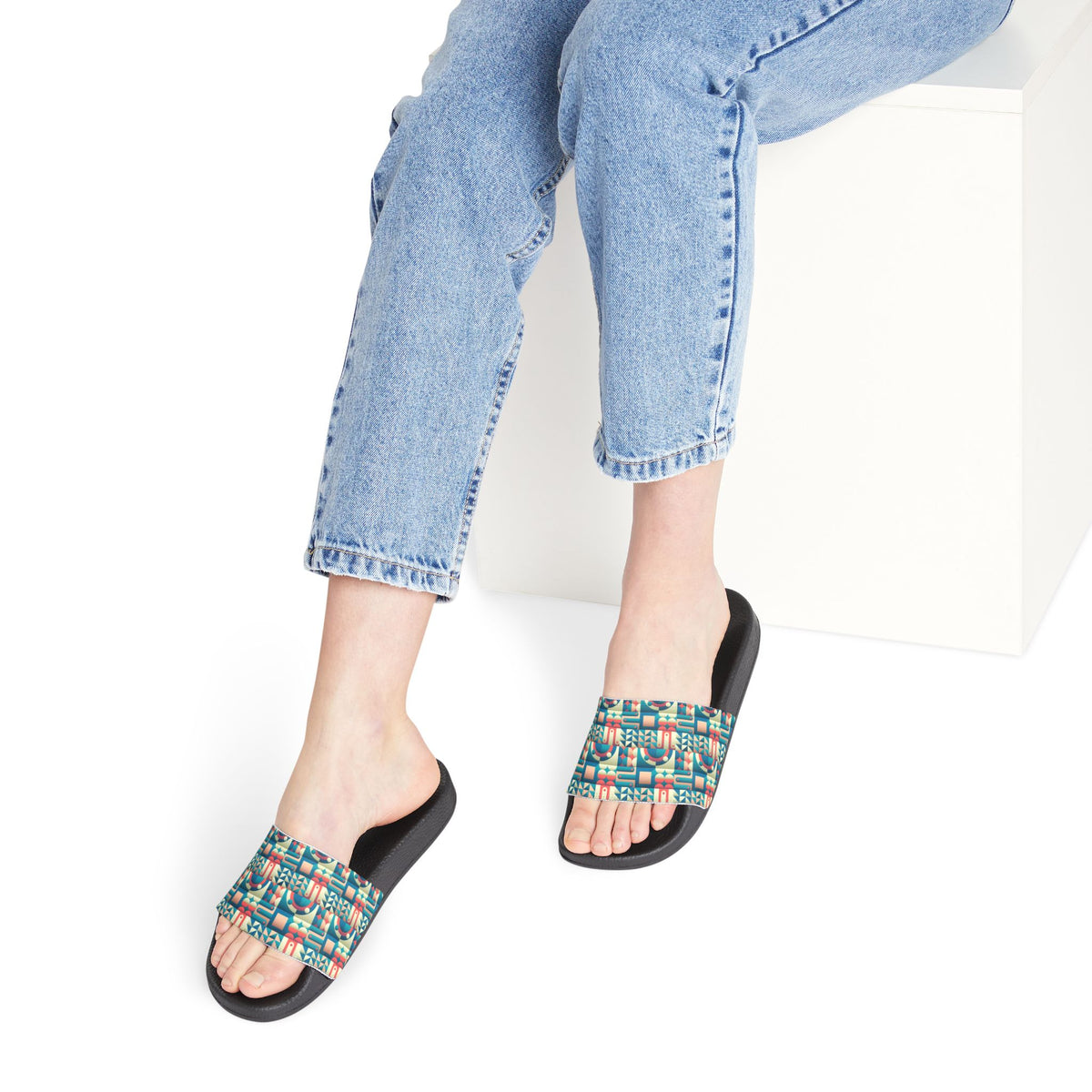 Women’s Slide Sandals — Colorful Geometric Removable-Strap