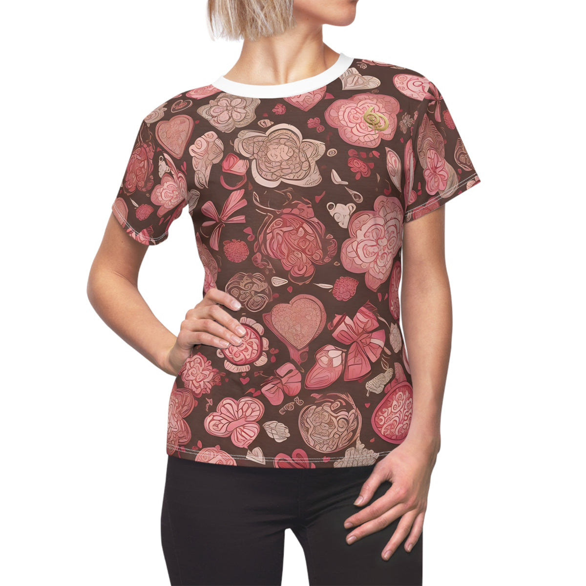 Floral Heart Pattern Women's Tee Pink Brown