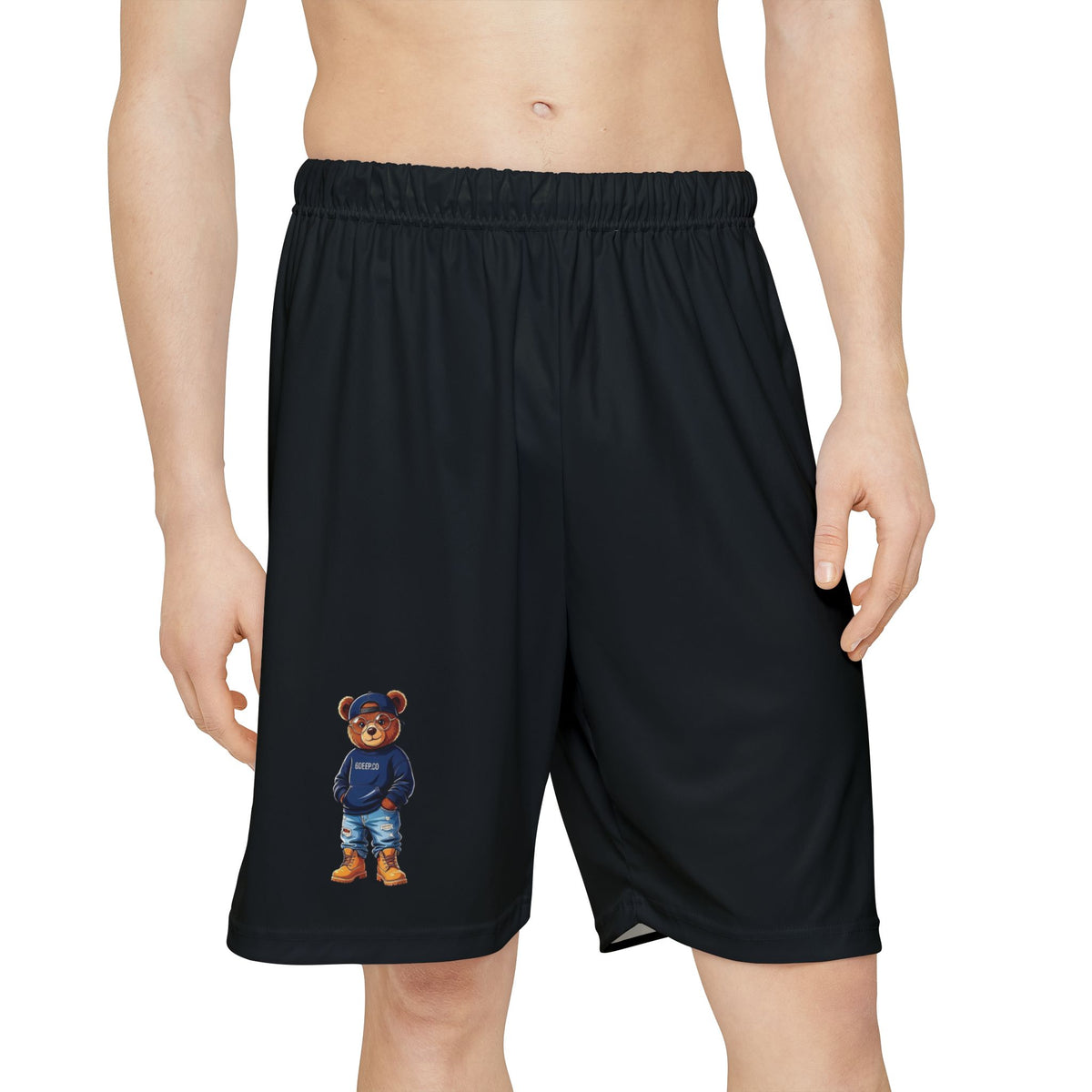 Men’s Black Athletic Shorts with Small Teddy Bear Graphic