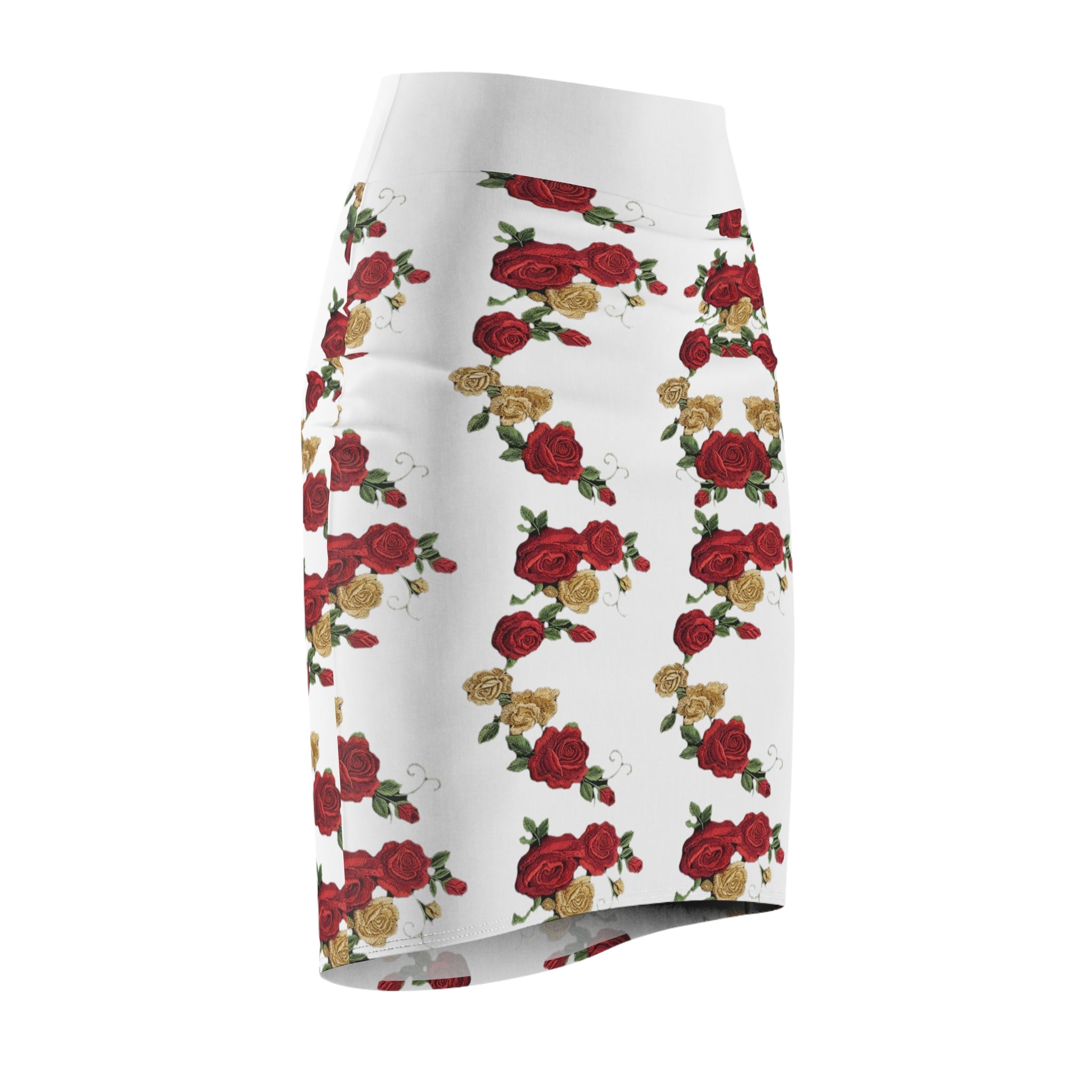 Floral Rose Pencil Skirt – Red & Gold Rose Print
