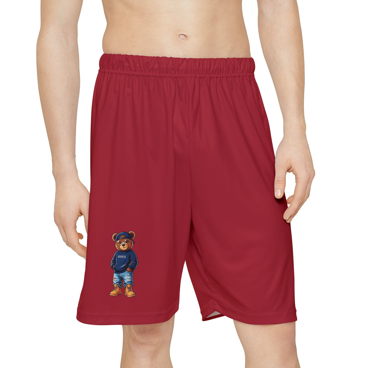 Men's Athletic Shorts with Teddy Bear Graphic — Red Sport Shorts