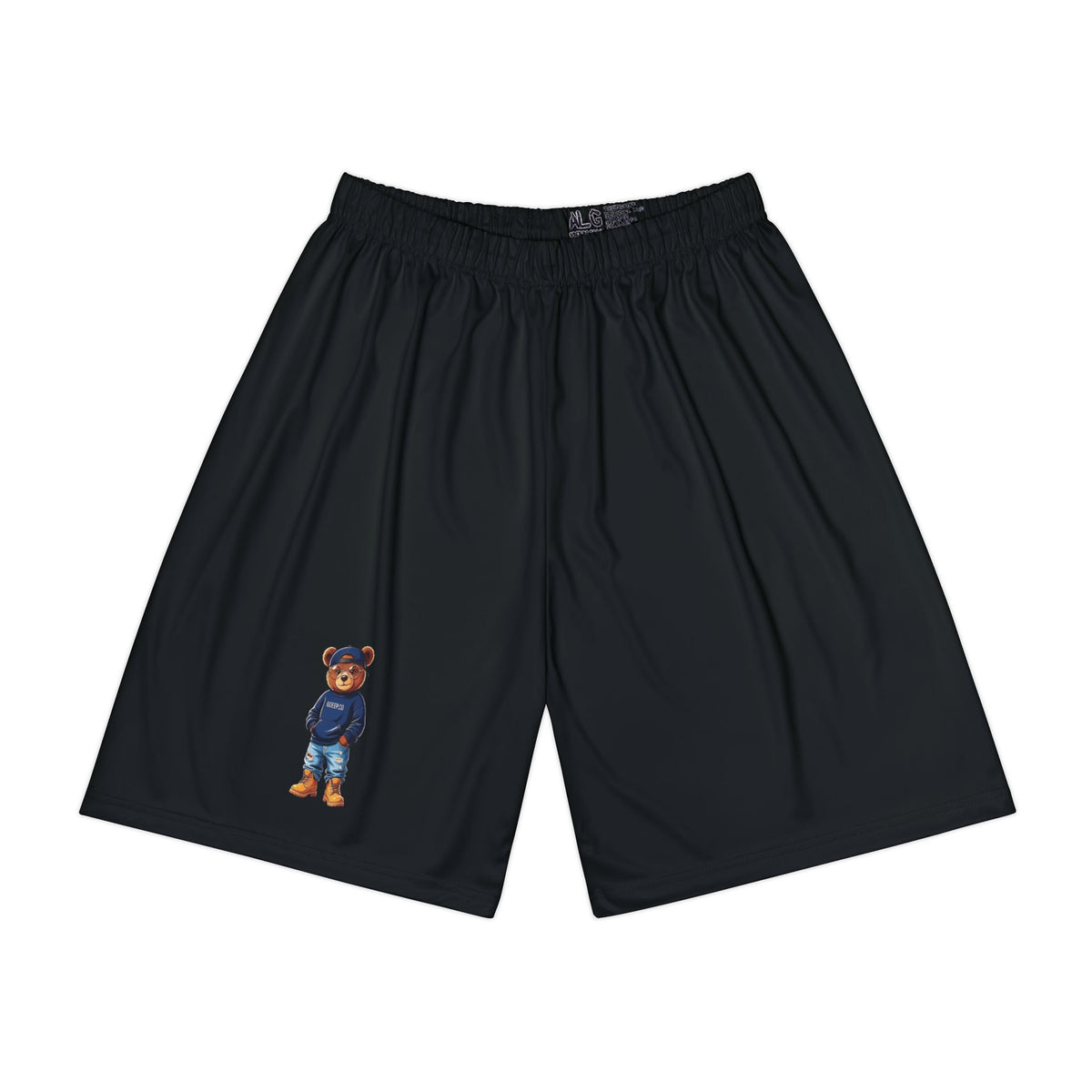 Men’s Black Athletic Shorts with Small Teddy Bear Graphic