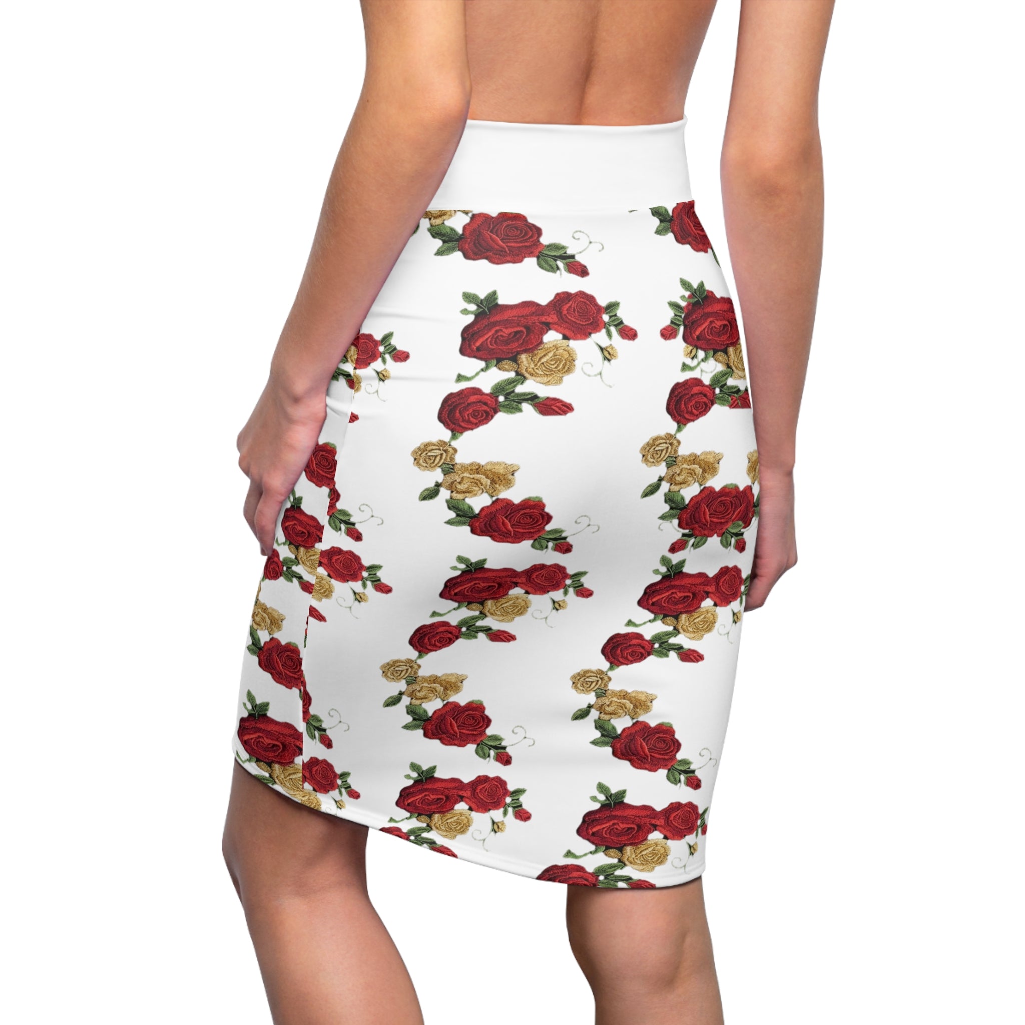 Floral Rose Pencil Skirt – Red & Gold Rose Print
