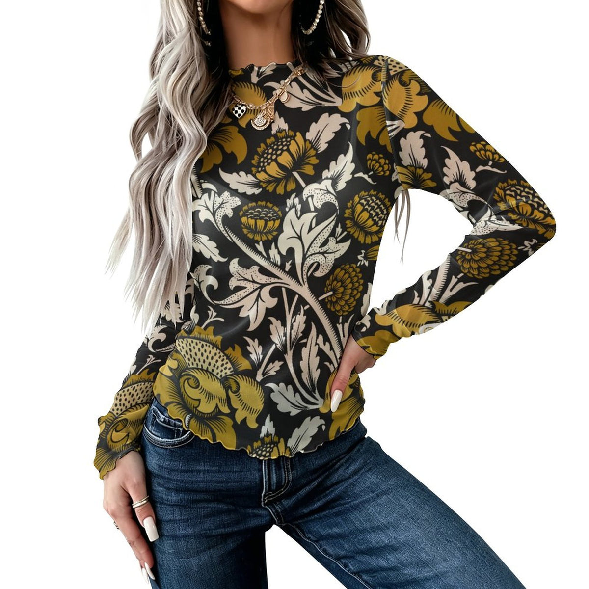 Gilded Flora Sheer Mock Neck Top