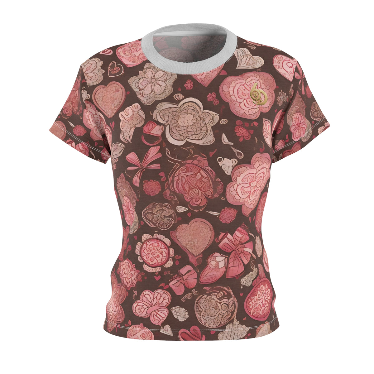 Floral Heart Pattern Women's Tee Pink Brown