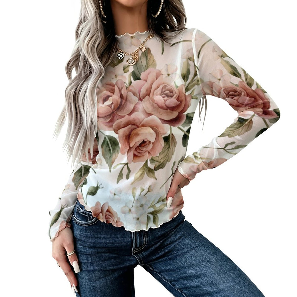 Rosé Sheer Mock Neck Top