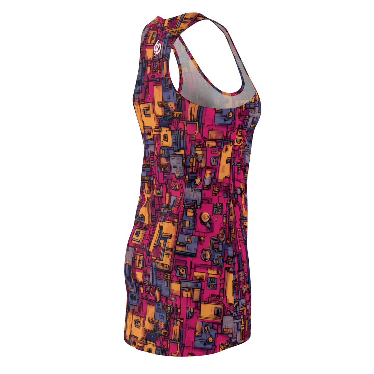Abstract Geometric Racerback Dress — Vibrant Pink & Gold (Shop the Look) "Slides sold separately"