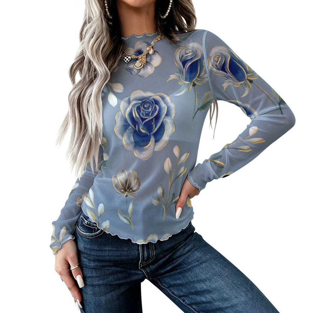 Frosted Botanical Sheer Mock Neck Top
